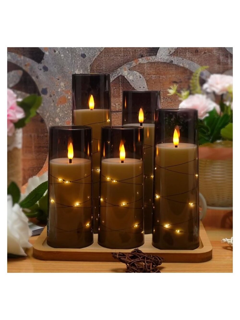 Flameless LED Candles Set 5 Flickering Timer Acrylic Shell Embedded String - Picture 5 of 5